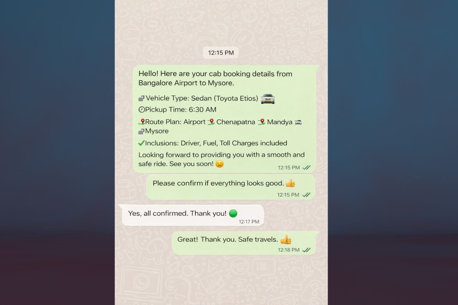 WhatsApp confirmation for Mysore cab booking - clear quote and pickup details